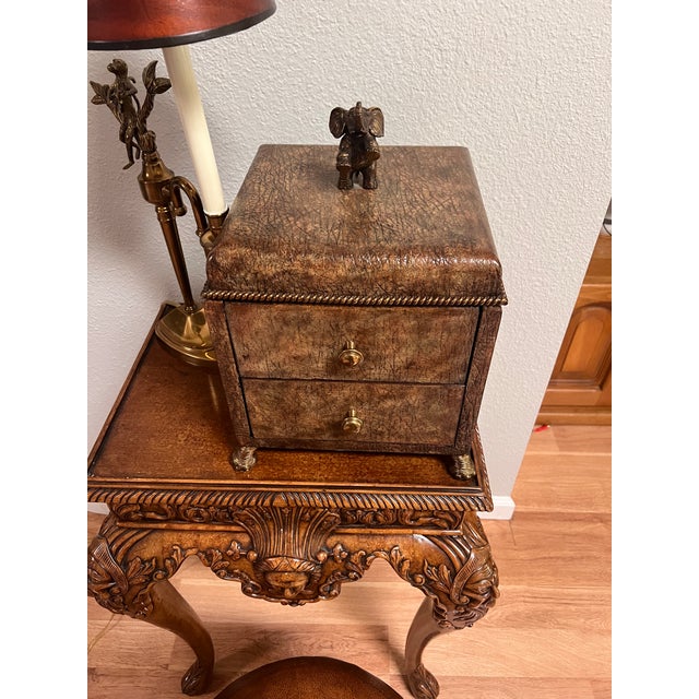 1980s Maitland-Smith Decorative Box With Crackle-Finish Leather, Brass Feet, and an Elephant Finial. For Sale - Image 9 of 9
