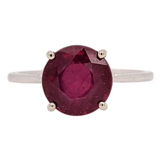 3.8ct Beautiful Red Ruby Ring in Solid 14k White Gold Round 9mm | Solitaire Ring, Size 6.75 For Sale
