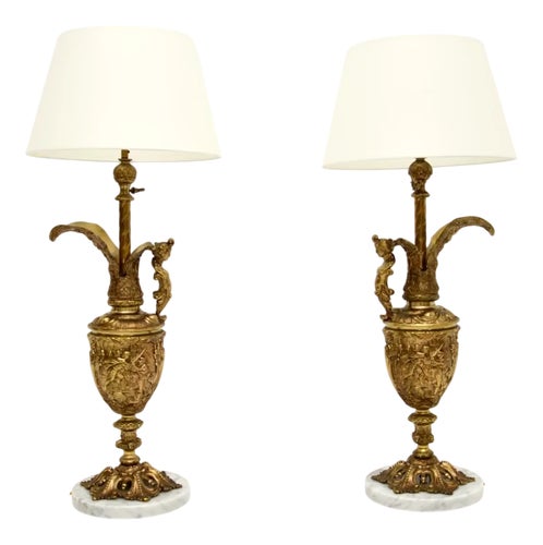 Vintage French Gilt Metal and Marble Table Lamps, 1930, Set of
