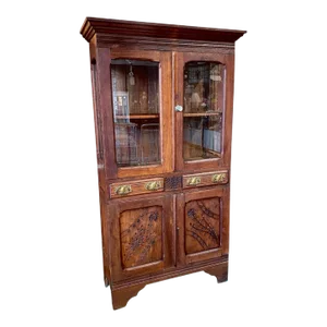 Antique American Carved Red Oak Pie Safe Cabinet