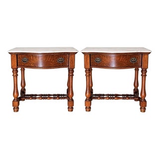 Vintage Mid 20th Century Pulaski Furniture Corporation Tiger Oak & Marble Top Nightstands- Set of 2 For Sale