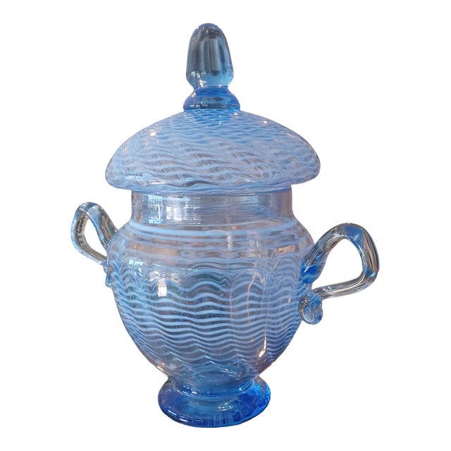 Vintage Blue Wheeler Studio Art Glass Lidded Vase For Sale