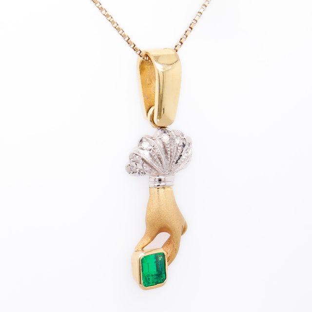 Metal Vintage 18k Yellow & White Gold, Emerald, and Diamond Figural Hand Pendant For Sale - Image 7 of 15
