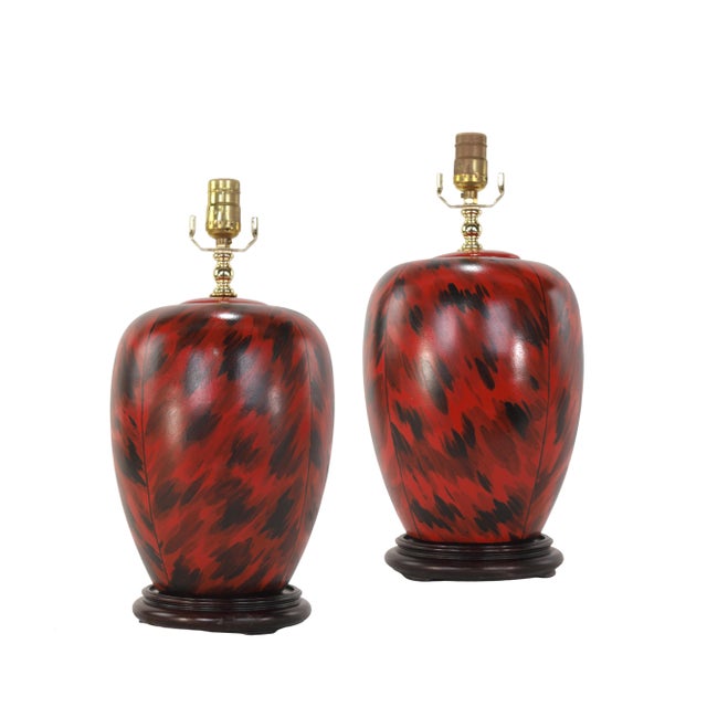 Red Vintage Art Deco Hand-Painted Red and Black Tortoiseshell Porcelain Table Lamps - Pair For Sale - Image 8 of 9