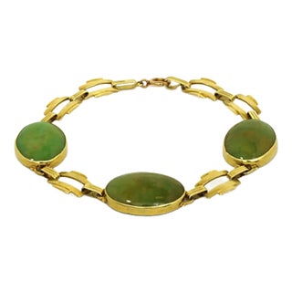 Jade 14k Yellow Gold Oval & Bar Link Bracelet For Sale