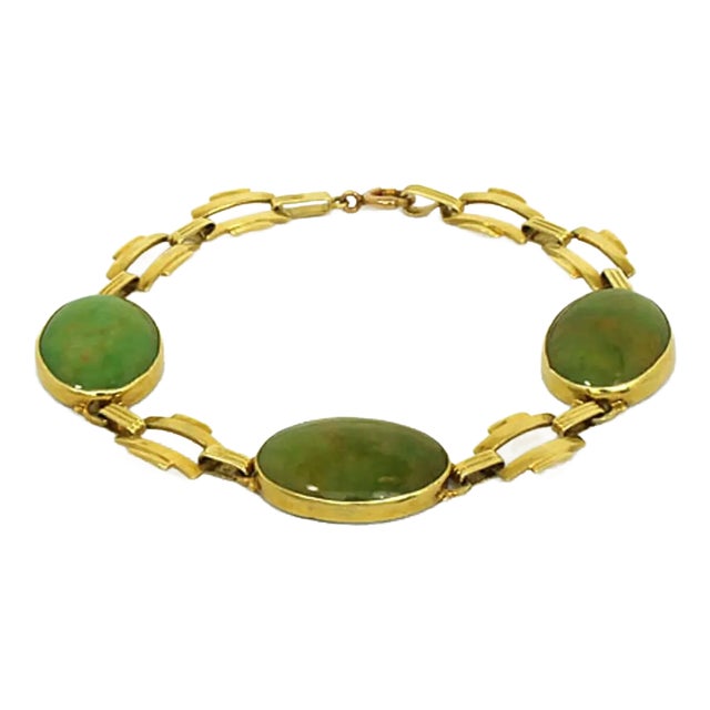 Jade 14k Yellow Gold Oval & Bar Link Bracelet For Sale