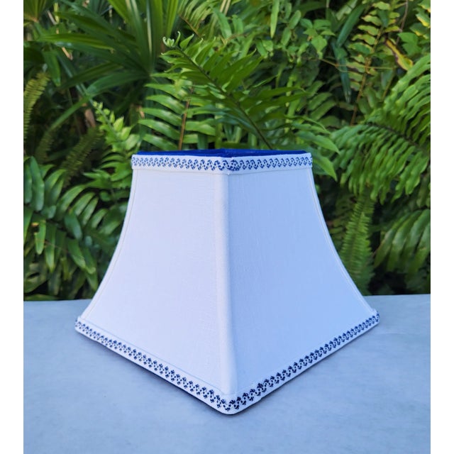 Contemporary Small White Linen Lampshade Clip on Blue Trim Square Bell For Sale - Image 9 of 13