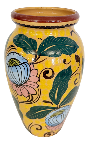 Art Deco Yellow Glazed Earthenware Vase with Floral Motifs, Italy, 1930s
