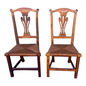 A Pair of New England Tiger Maple Chippendale Side Chairs With Rush Seats, Circa 1800
