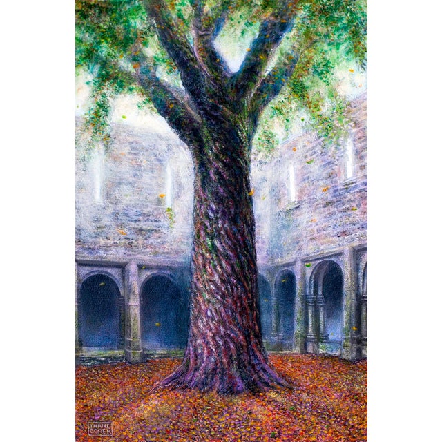 This oil painting depicts a majestic tree standing at the center of a stone courtyard, surrounded by softly illuminated...