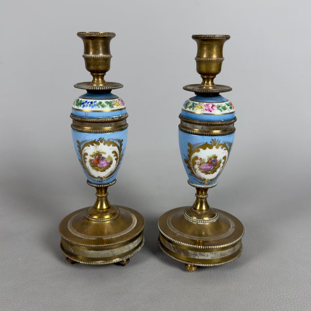 French Candlesticks in Brass and Ceramic, Set of 2 For Sale - Image 4 of 12