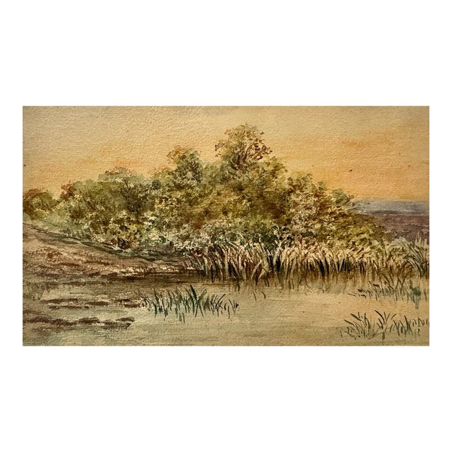 Early 20th Century Attributed to Frank Henry Mason Marshland Reeds Trees Original Watercolor Landscape For Sale
