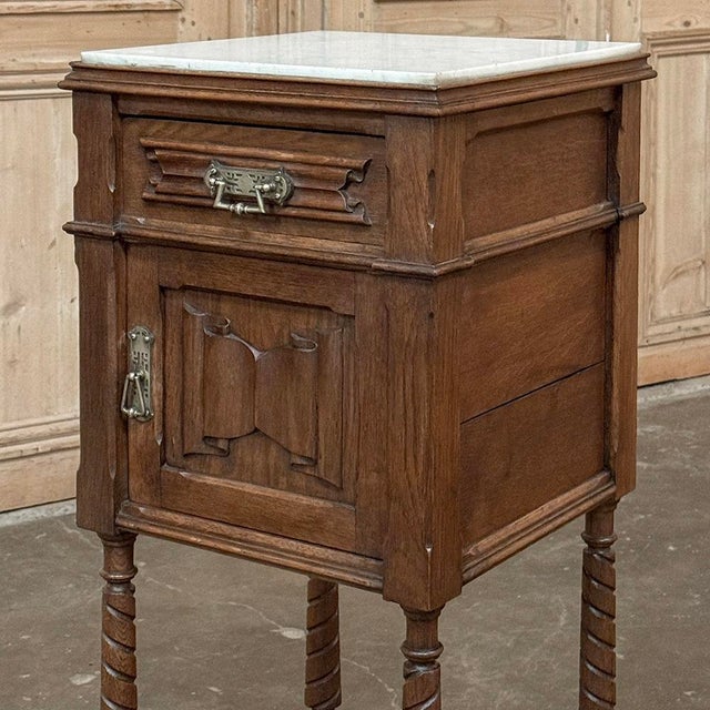 Pair of Gothic Revival Oak Nightstands With Carrara Marble Tops For Sale In Dallas - Image 6 of 17