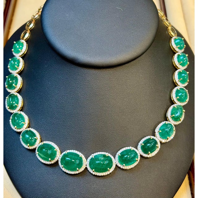 Gemstone 110 Ct Oval Natural Cabochon Emerald & Diamond Necklace, Earring Suite 14 K Gold For Sale - Image 7 of 18