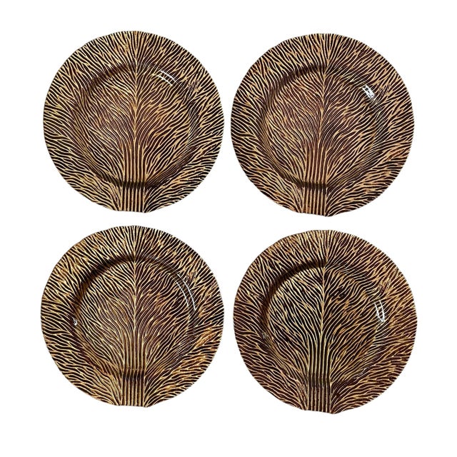 African Contemporary Turkish Art Glass Tree of Life Service Plates Bronze Gold Painted 13" - Set of 8 For Sale - Image 3 of 6