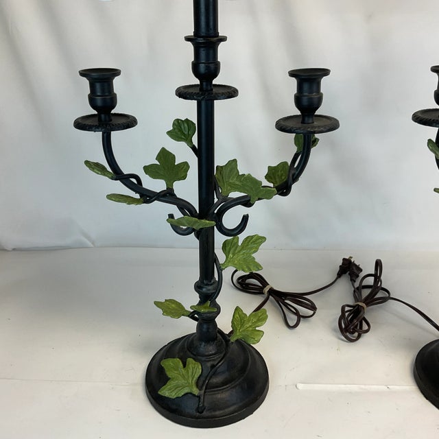 Green 1985 Vintage Maitland-Smith French Bouillotte Style Cast Iron Table Lamp With Leaves - A Pair, Attributed, Artist Signed For Sale - Image 8 of 12