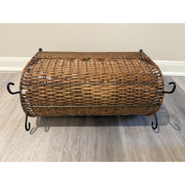 1990s Vintage Mid Century Modern Black Iron & Wicker Rattan Magazine Rack For Sale - Image 5 of 5