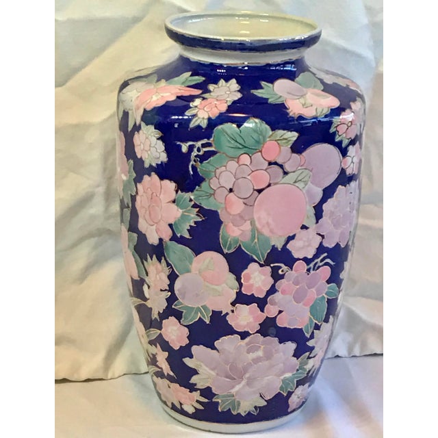 Vintage Floral and Fruit Chinoiserie Blue Gold Pink Jardiniere Vase For Sale In Naples, FL - Image 6 of 12