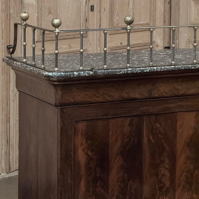 Wood Rare Louis Philippe Period Marble Top Concierge Counter With Original Hand Forged Brass Gallery Rail For Sale - Image 7 of 18