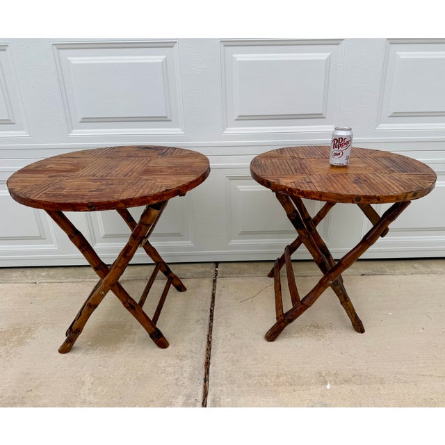 Contemporary 1970s Pair of Folding Bamboo and Rattan Round Side Tables For Sale - Image 3 of 10