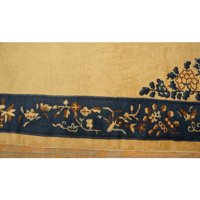 Textile 1920s Beige Medallion Floral Antique Chinese Peking Carpet 8'' X 9'5'' Wool Knotted Rug For Sale - Image 7 of 9