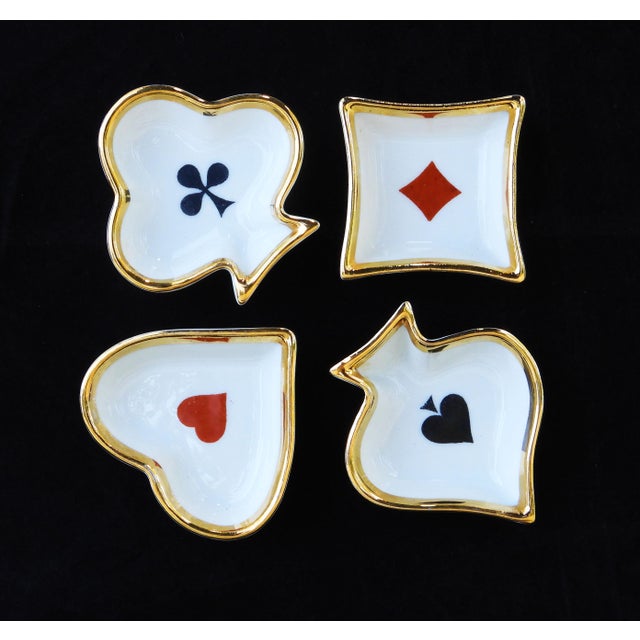 Charming set of 4 vintage playing card-themed trinket dishes/ashtrays from Limoges, France circa 1950. Four gilded 'Gout...