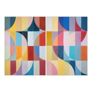 2026, Original Painting Bauhaus Diptych, Moonlight Mirrors, Colorful Grid on Watercolor Paper by Natalia Roman For Sale