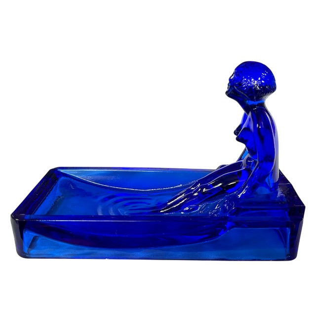 Mid 20th Century Vintage Art Deco Nude Woman in a Pool Cobalt Blue Glass Soap, Jewelry, or Trinket Dish After Lalique Henrich Hoffmann For Sale - Image 5 of 9