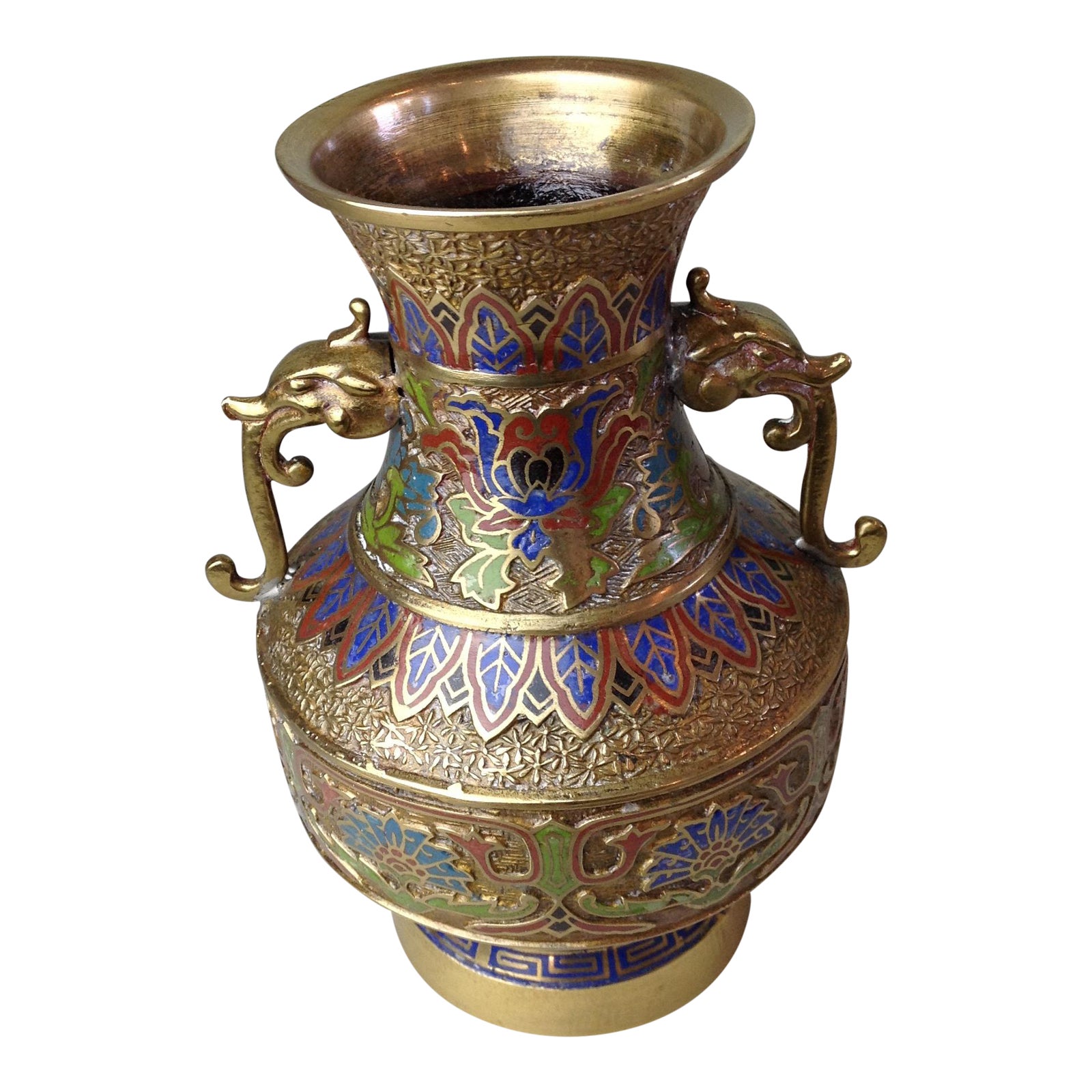 Vintage Japanese Dragon Handles Champleve Enamel Brass Vase Chairish