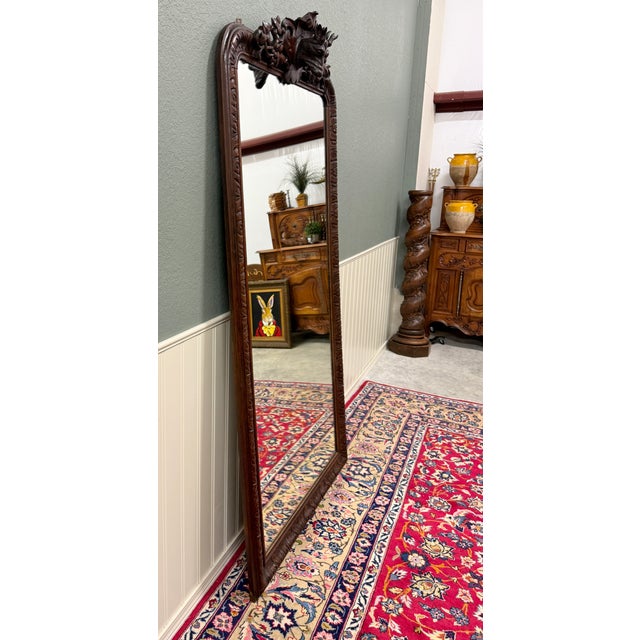 Antique French Renaissance Style Carved Oak Hunt Stag Pier Mirror Crown c.1880s For Sale - Image 13 of 17