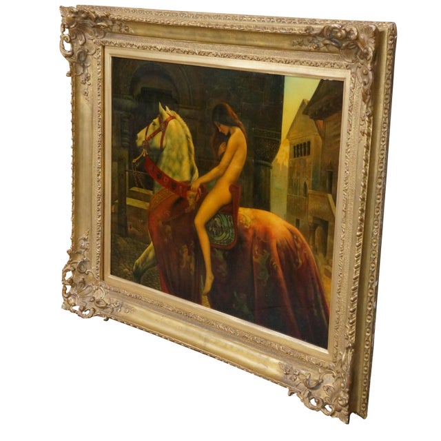 Victorian Late 20th Century Lady Godiva Painting After John Collier Painting Medieval Equestrian Nude Framed For Sale - Image 3 of 12
