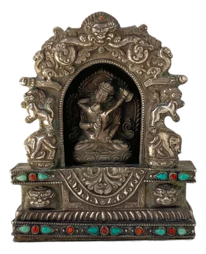 Tibetan Buddhist Beaded Coin Silver Devotional Portable Shrine (Ghau Box)