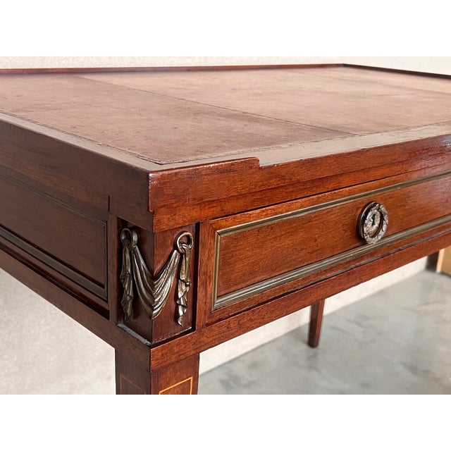 Brown French Empire Style Mahogany Bronze Mounted Writing Desk, Leather Top Circa 1940 For Sale - Image 8 of 12