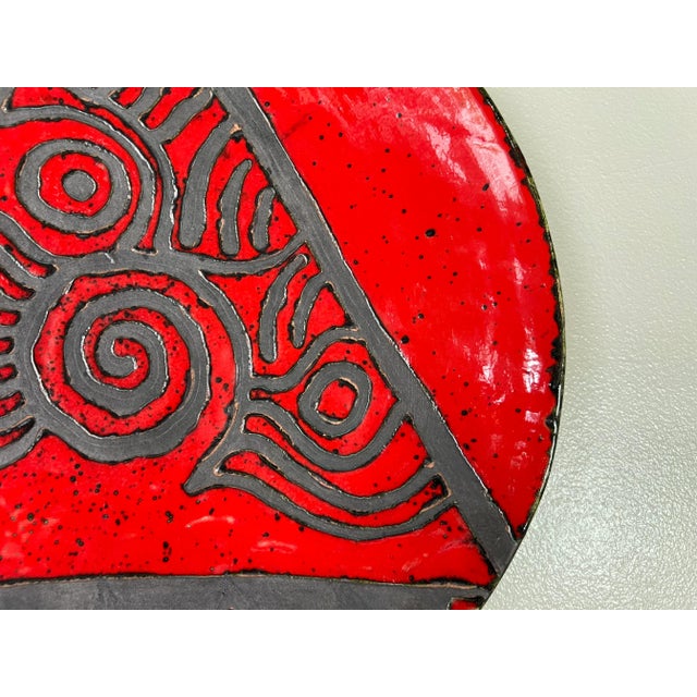 Black Mid-Century Danish Modern Black and Red Pottery Wall Plate, Signed For Sale - Image 8 of 10