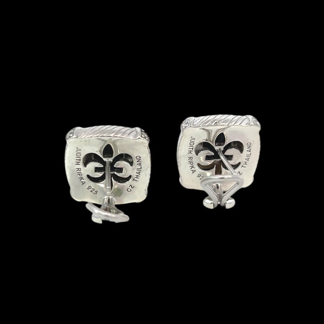 1990s Judith Ripka Estate Onyx Omega Back Earrings Sterling Silver 14 Grams, A Pair For Sale - Image 4 of 12