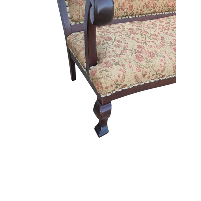 1920s Antique French Carved Settee Love Seat Sofa Bench Empire Mahogany For Sale - Image 5 of 18