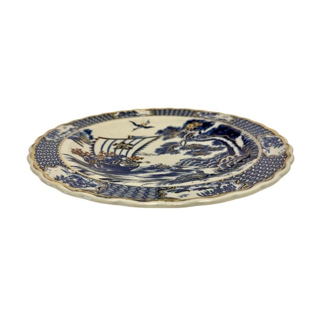 1970s Vintage Shirokiya Japan Blue & White Gilded Porcelain 13.75” Charger Plate. For Sale - Image 5 of 9