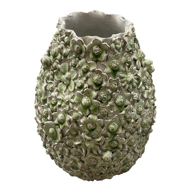 Vintage Italian Hand-Formed Ceramic Mayfly & Floral Encrusted Ovoid Vase For Sale