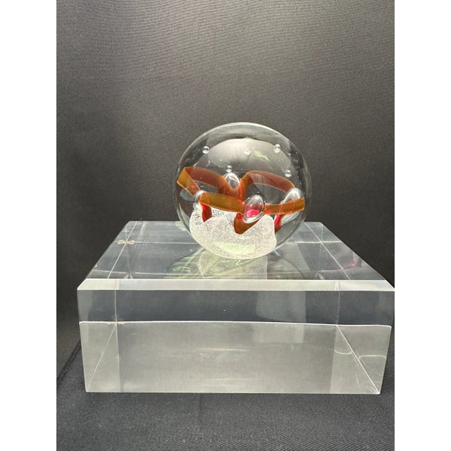 1970s Adam Jablonski Signed Hand Blown Crystal Art, Red Ribbon Suspended on Controlled Bubbles Paperweight For Sale In Palm Springs - Image 6 of 11