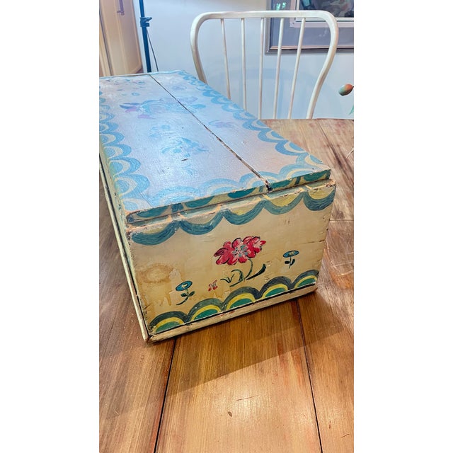 Rare Vintage Hand-Painted Wooden Folk Art Lift-Top Chest Trunk For Sale - Image 4 of 12