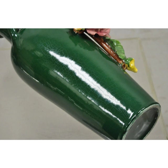 Green Vtg Victorian Style Green Ceramic Capodimonte 18" Vase With Pink Yellow Flowers For Sale - Image 8 of 13