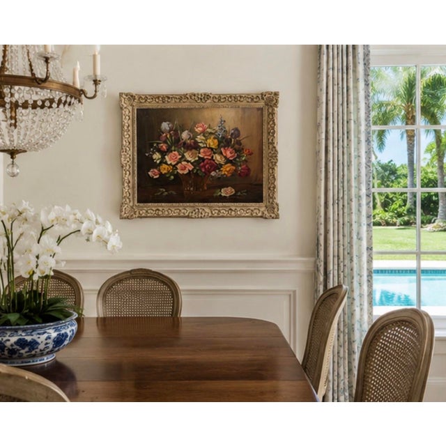 Vintage Continental Floral Still Life Oil Painting – Ornate Baroque Style Frame For Sale - Image 11 of 12
