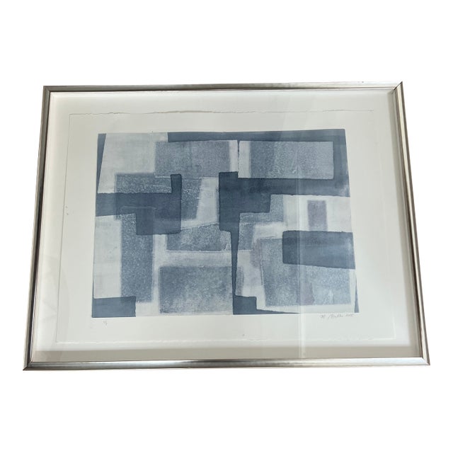 Original Signed Abstract Monotype With Silvered Wood Frame For Sale