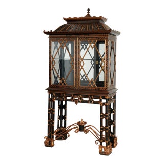 Vintage Chinese Chippendale Style Pagoda Glass Front Cabinet on Stand by Maitland Smith For Sale