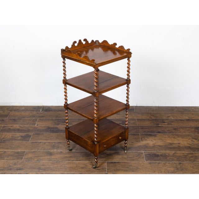 English 19th Century Walnut Barley Twist Tiered Shelf on Casters with Drawer For Sale - Image 11 of 12
