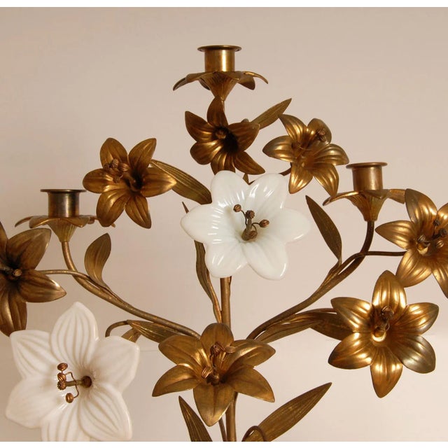 Metal Antique French Candelabra Gold Bronze Brass Church Candelabra Opaline Glass Flowers For Sale - Image 7 of 11