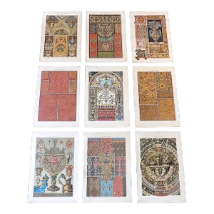 Antique 19th Century Folio Size Ornamental Design Lithographs - Metallic Inks - Set of 9