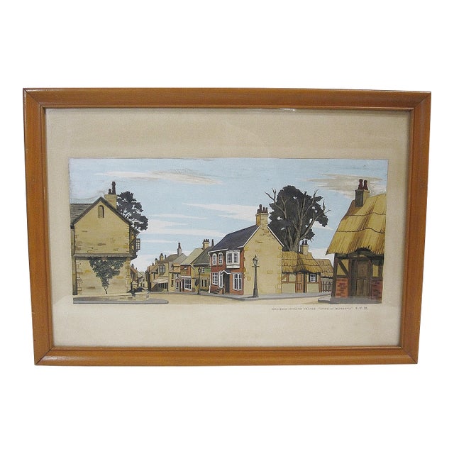 1960s Framed English Village “Crime at Blossoms” Watercolor signed by L.E.R. For Sale