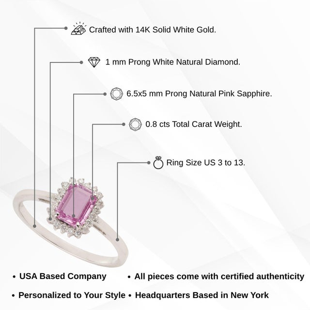 Art Deco Emerald-Cut Pink Sapphire & Diamond Halo Ring in 14k White Gold Size 4 For Sale - Image 12 of 16