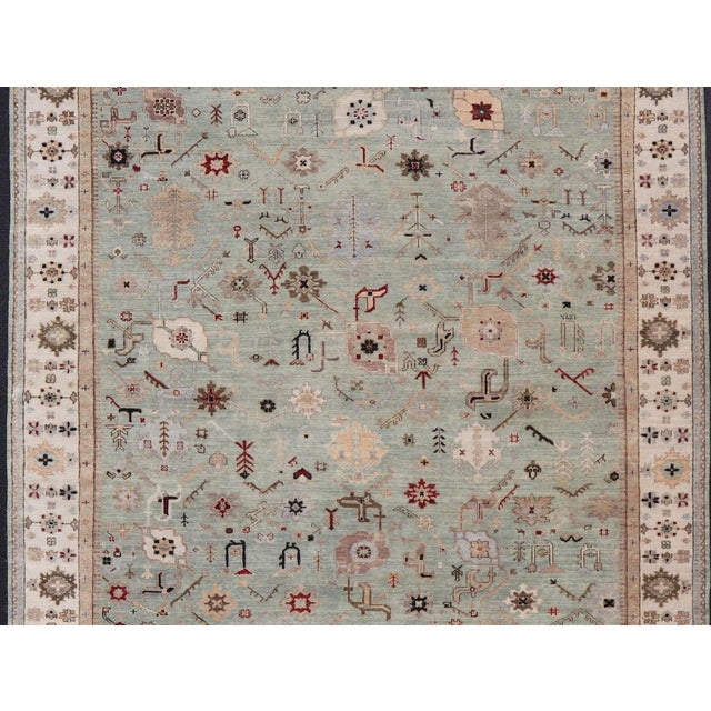 Indian Hand-Knotted Wool Oushak Rug in Turquoise Green and Multi Colors 10' X 13'6 For Sale - Image 3 of 12